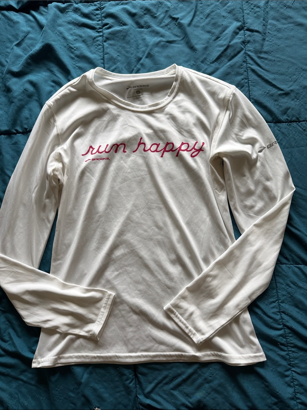 Brooks White Long Sleeve Tee with Pink 'run happy' Script